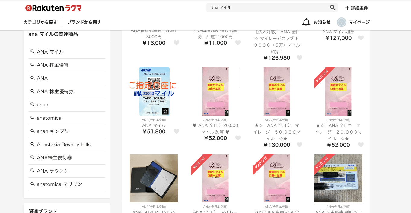 ANAマイルはラクマ でも販売されている