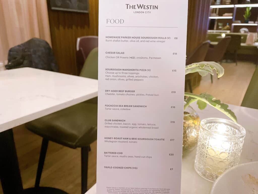 ウェスティンクラブ内で注文できるメニューのラインナップ