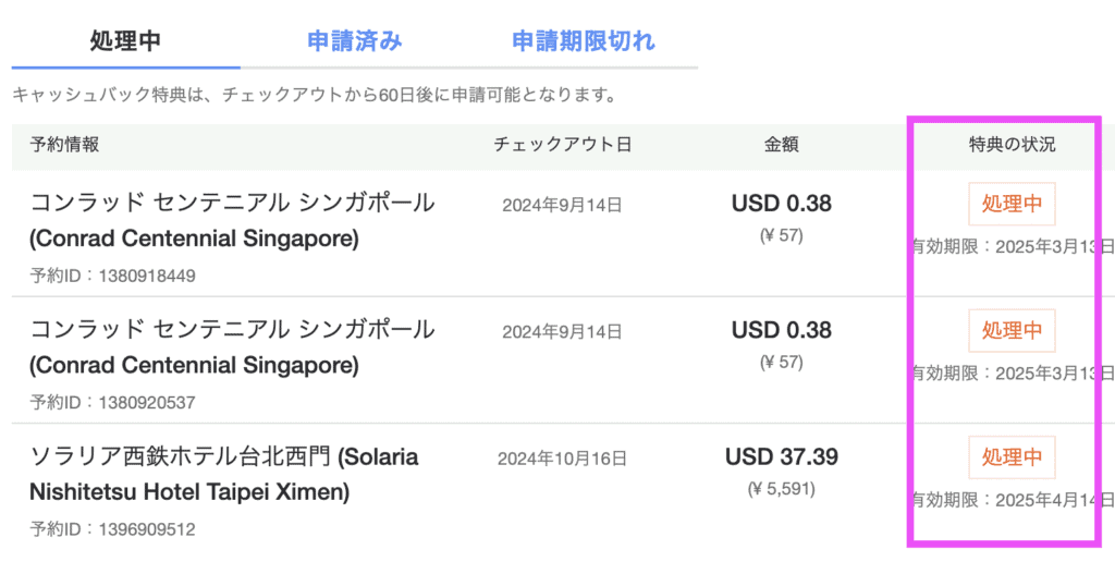 アゴダキャッシュバック特典の処理中状態